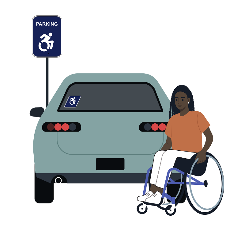 Eine Person im Rollstuhl neben einem Auto und einem Schild für einen Behindertenparkplatz.